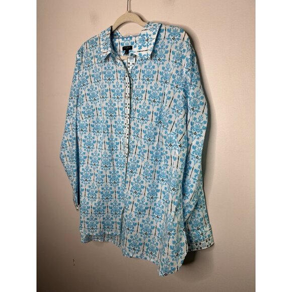 Talbots Plus Blue White Long Sleeve Geometric Button Down Shirt Cotton Size 2X - Picture 5 of 10